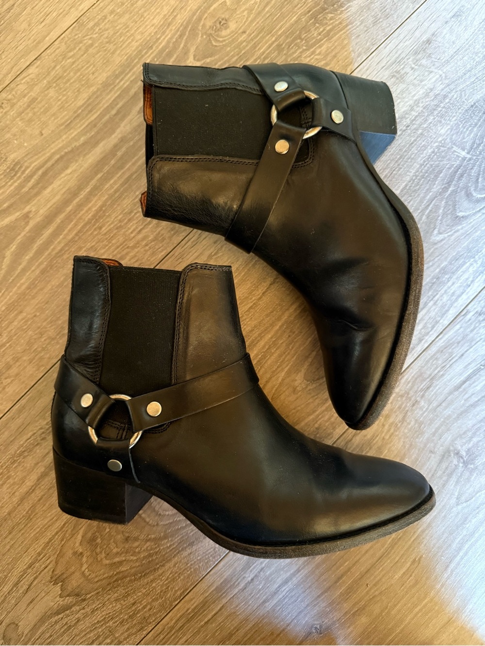 Frye Dara Black Leather Harness Ankle Booties